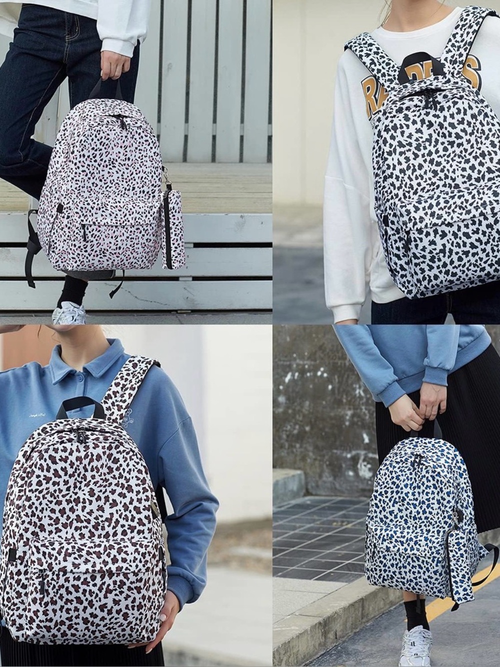 Leopard Print Canvas Backpack - White and Brown